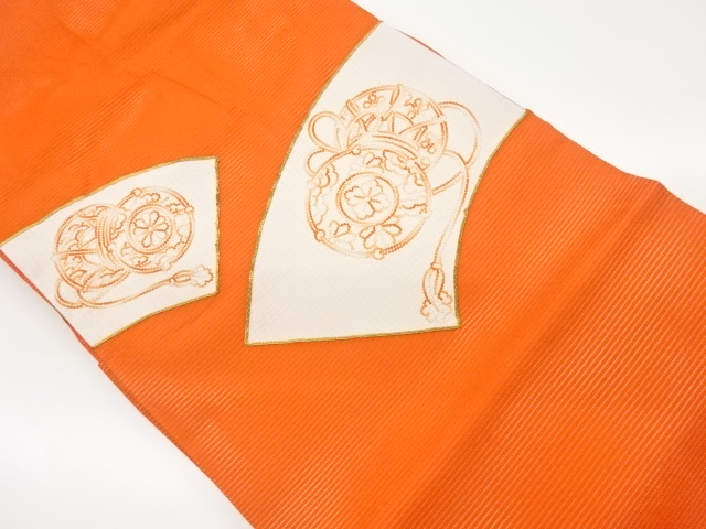 絽金駒刺繍地紙に鼓模様織出し名古屋帯